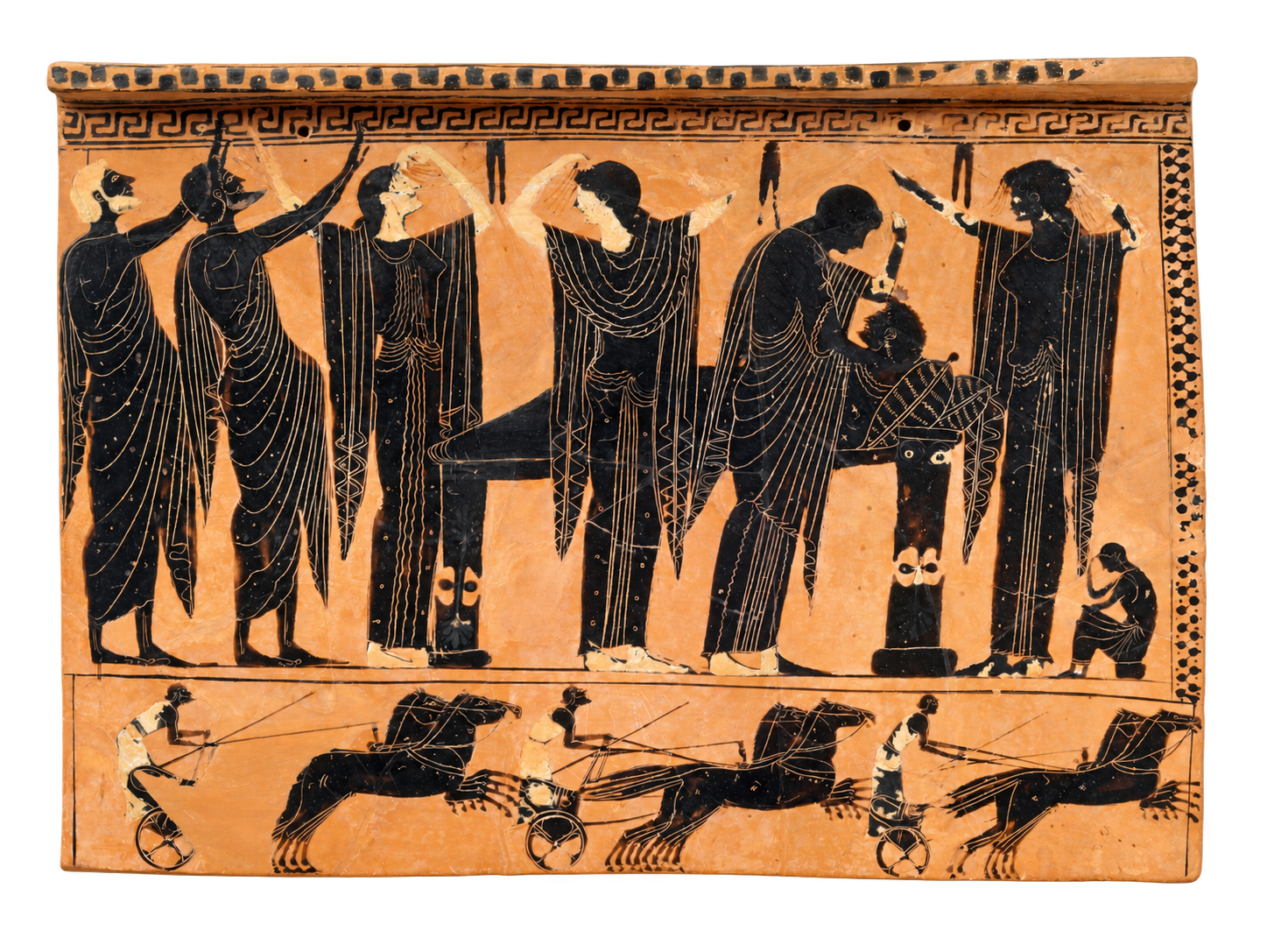Ancient Greek black-figure funerary plaque depicting mourners with raised hands around the deceased.