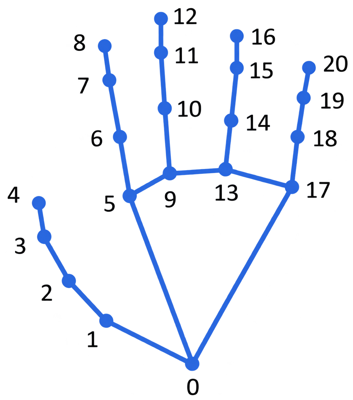 MediaPipe hand skeleton with landmarks 0 to 20, including wrist 0, thumb tip 4, and index tip 8.